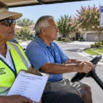 Two senior neighborhood watch volunteers in a golf cart patrol a residential street past a neighborhood watch sign.
