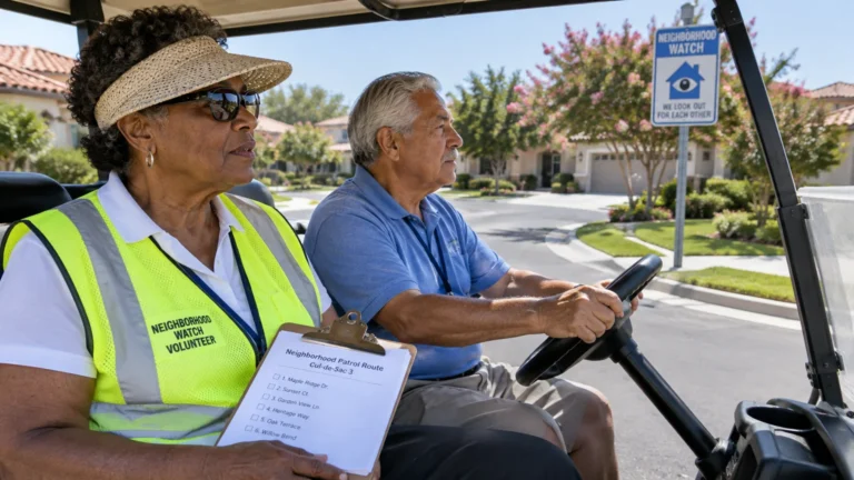 Two senior neighborhood watch volunteers in a golf cart patrol a residential street past a neighborhood watch sign.