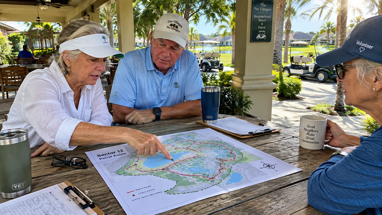 Three senior volunteers sit at an outdoor table reviewing a neighborhood watch patrol map on a sunny patio.