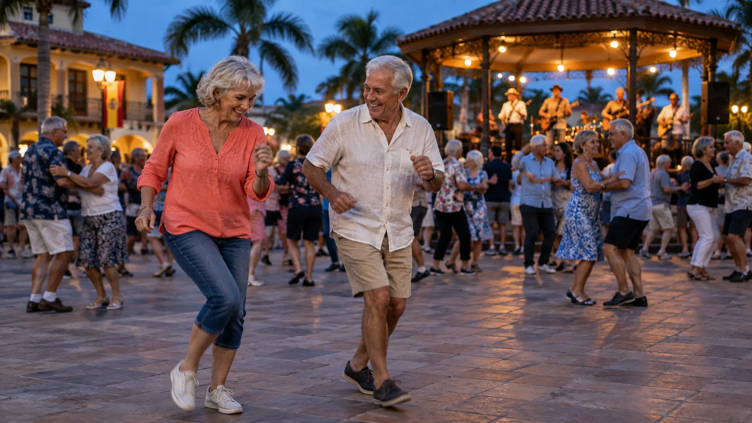 Senior couples dancing outdoors in a paved town plaza at dusk near a gazebo with a live band.