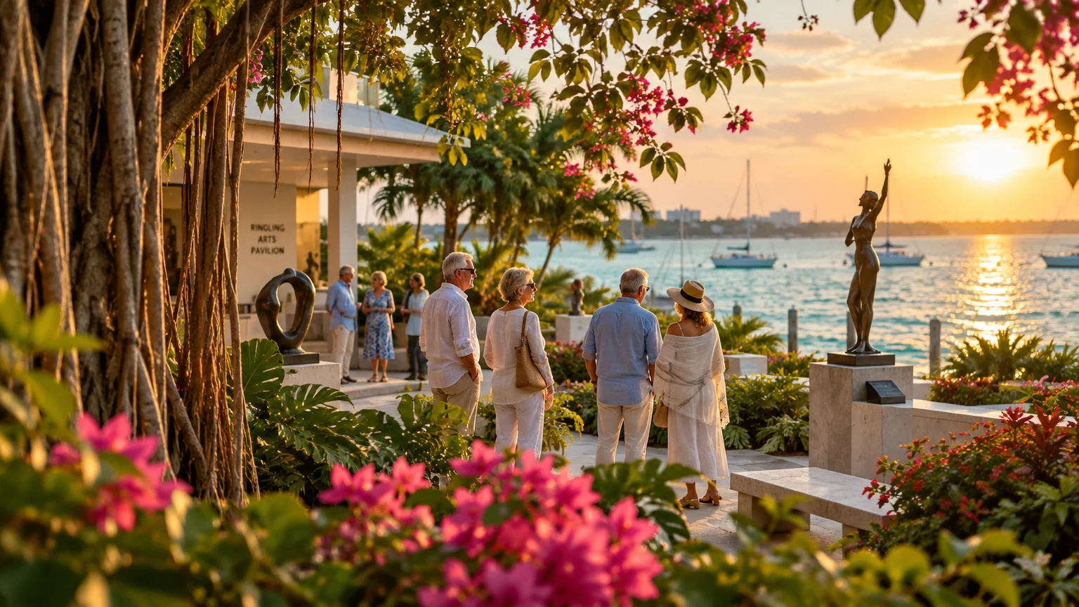People gather in an outdoor waterfront sculpture garden with palm trees, flowers, and sailboats at sunset.