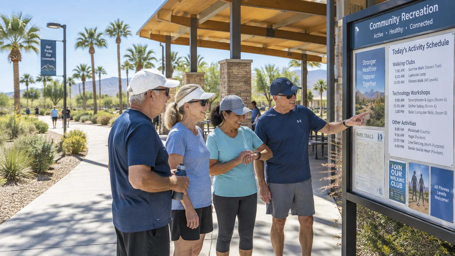 Four seniors in athletic clothing gather around a community recreation schedule board in a sunny outdoor park.