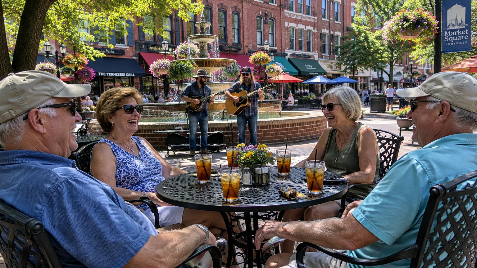 Four older adults laughing around a patio table with drinks as musicians perform near a fountain in a town square.
