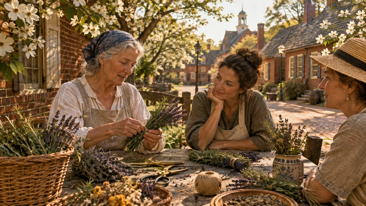 Three women in rustic aprons sit outdoors at a wooden table bundling dried lavender and herbs in a historic village.