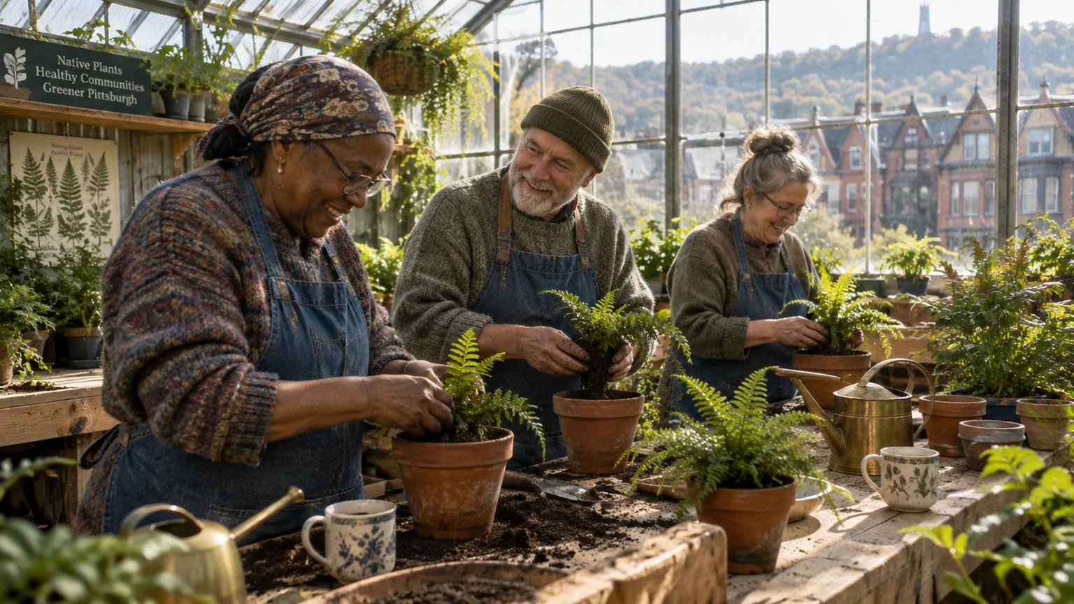 Three smiling older adults in aprons repot green ferns into terra cotta pots inside a sunny glass greenhouse.