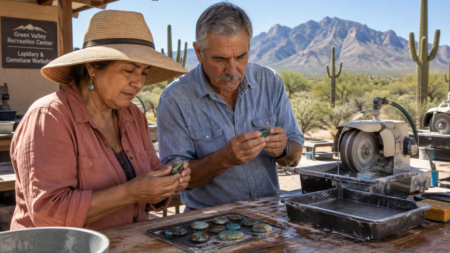 Man and woman examining polished stones at an outdoor lapidary station against a desert mountain backdrop.