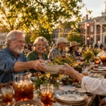 Older adults smiling and passing food at an outdoor community dinner in front of a brick town hall at sunset.