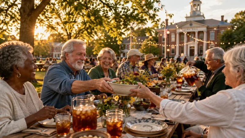 Older adults smiling and passing food at an outdoor community dinner in front of a brick town hall at sunset.