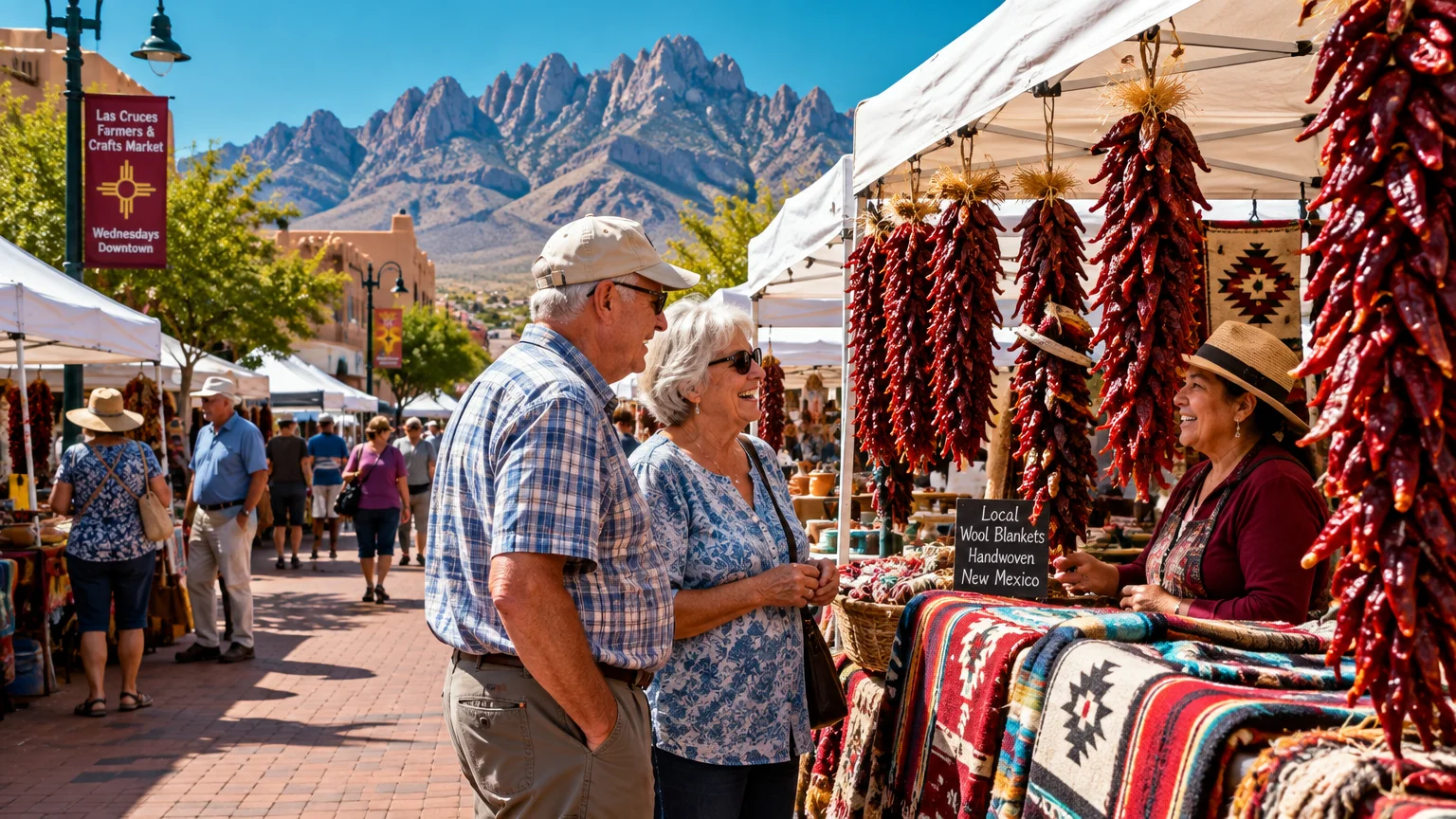 An older couple visits an outdoor market stall hung with chili ristras, with rugged desert mountains in the background.