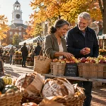 Smiling older couple shopping for apples at a busy outdoor autumn farmers market in a historic town square.