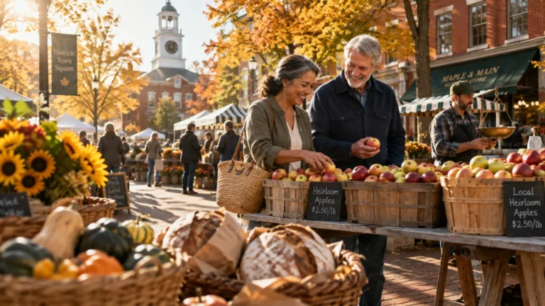Smiling older couple shopping for apples at a busy outdoor autumn farmers market in a historic town square.