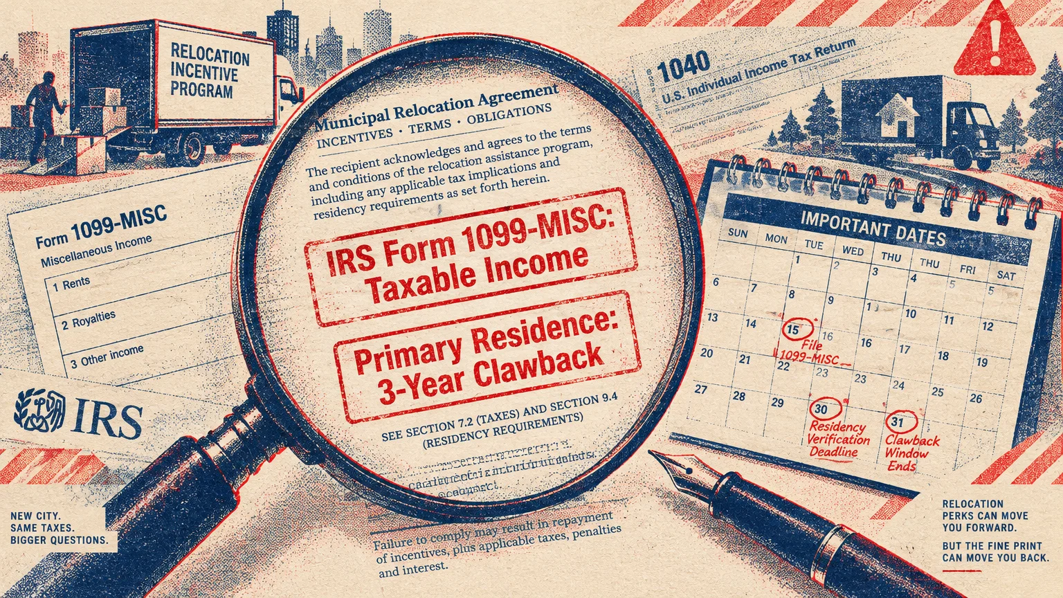Illustration of a magnifying glass over a municipal relocation agreement, tax documents, and a calendar with deadlines.