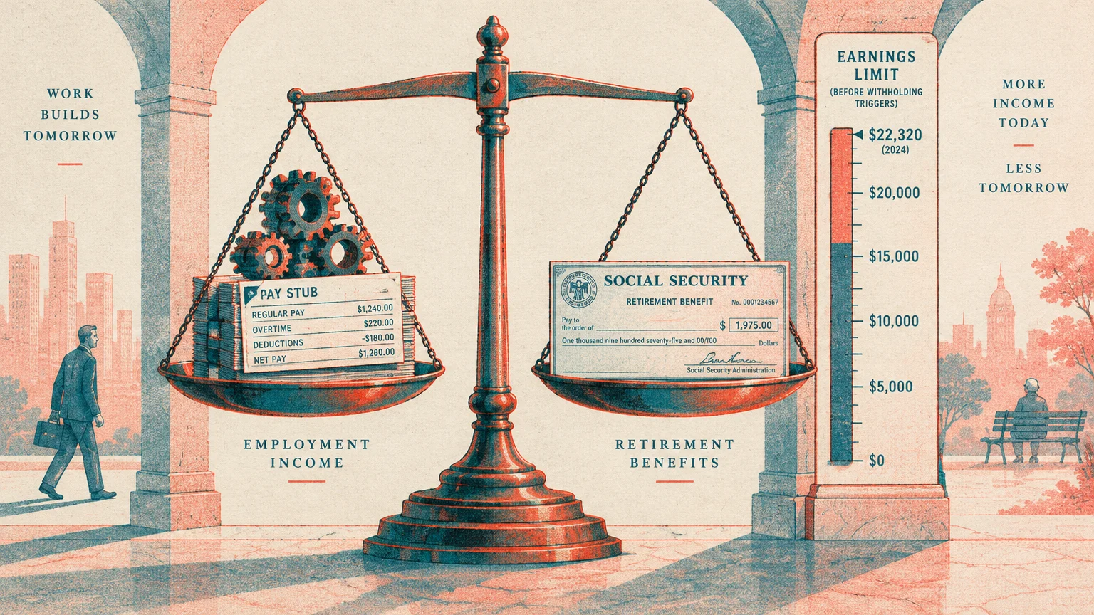 A balance scale weighing a pay stub against a Social Security check, beside an earnings limit chart between stone arches.