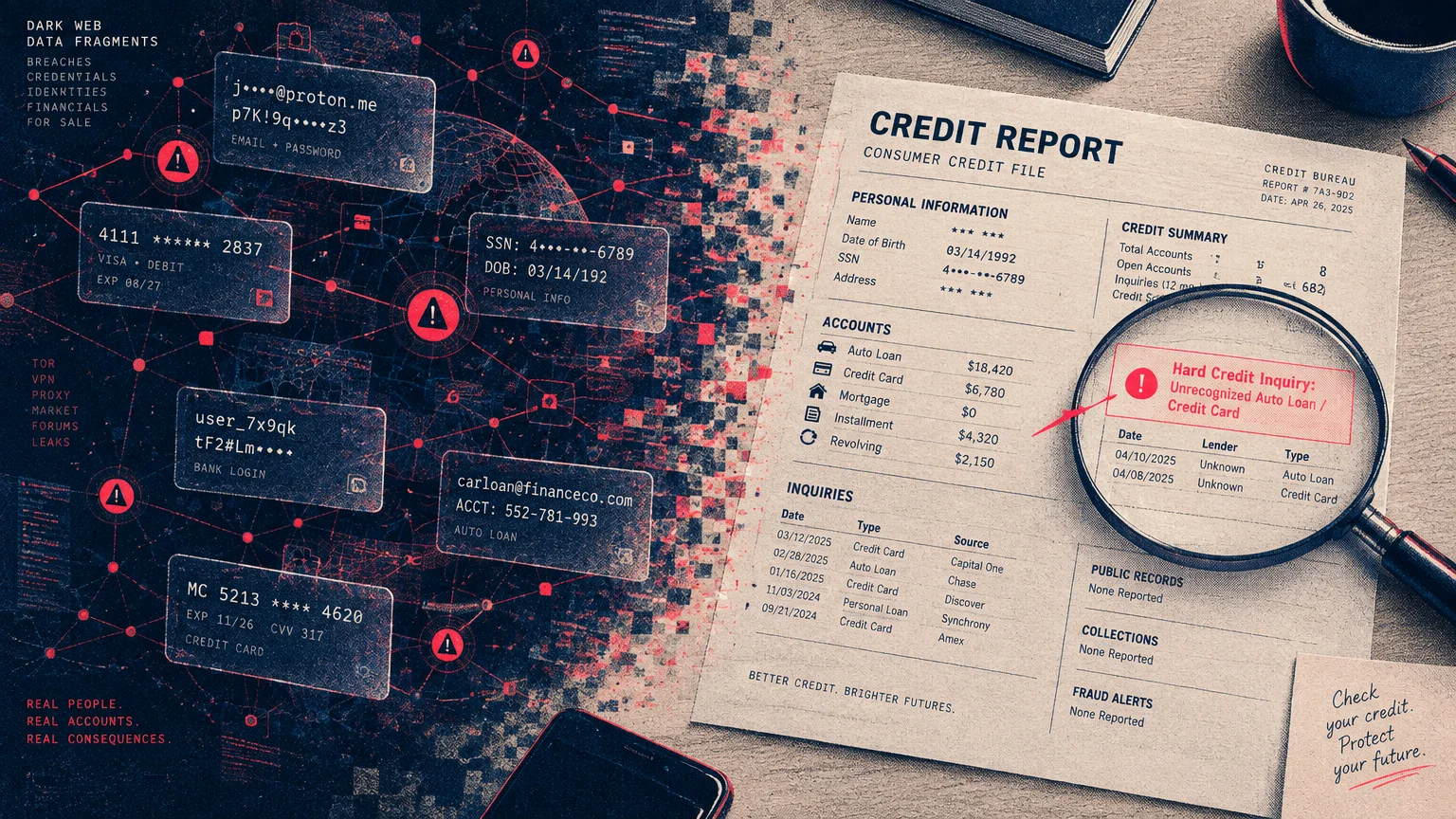 Split view of dark web data fragments connecting to a paper credit report with a magnifying glass over a hard credit inquiry.
