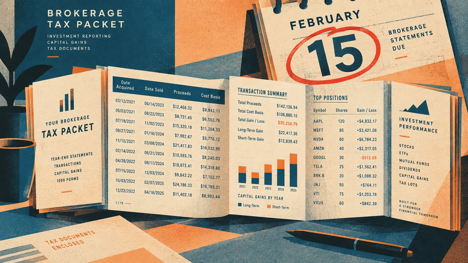 Illustration of an unfolded brokerage tax packet beside a calendar page showing February 15 circled in red.