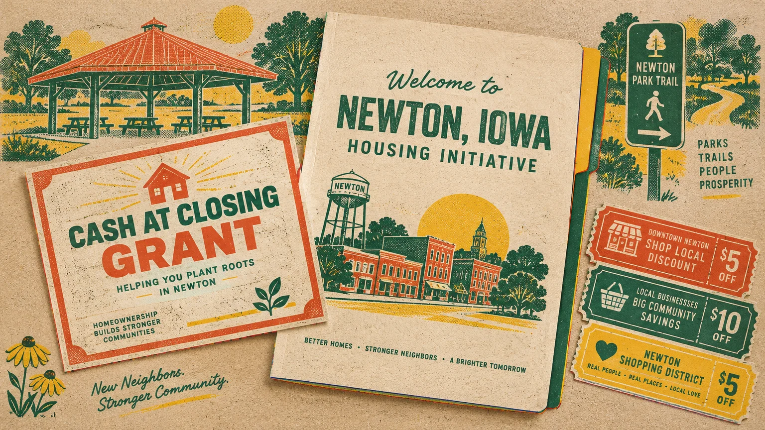 Retro illustration of Newton, Iowa Housing Initiative booklet, cash at closing grant card, coupons, and park pavilion.
