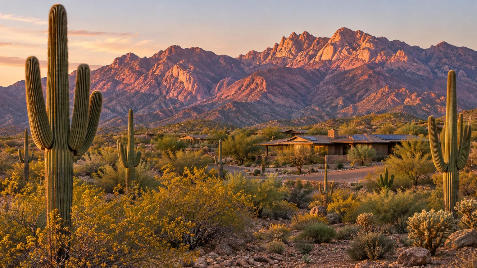 Saguaro cacti and desert brush front a luxury home beneath rugged, sunlit mountains at sunset.