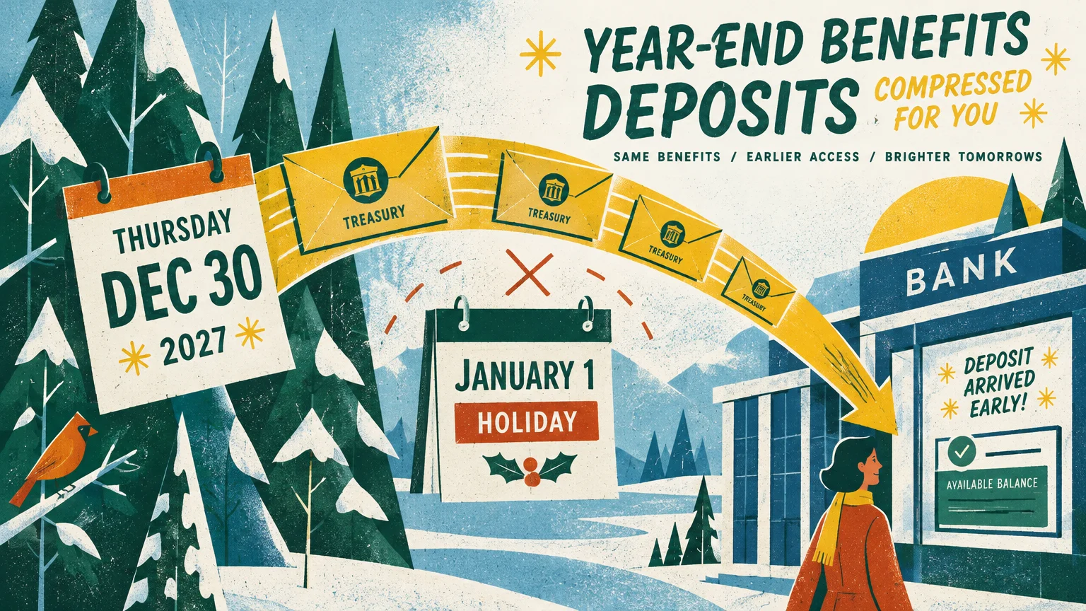 Winter illustration showing 2027 calendar dates, Treasury envelopes flying toward a bank, and a woman outside.