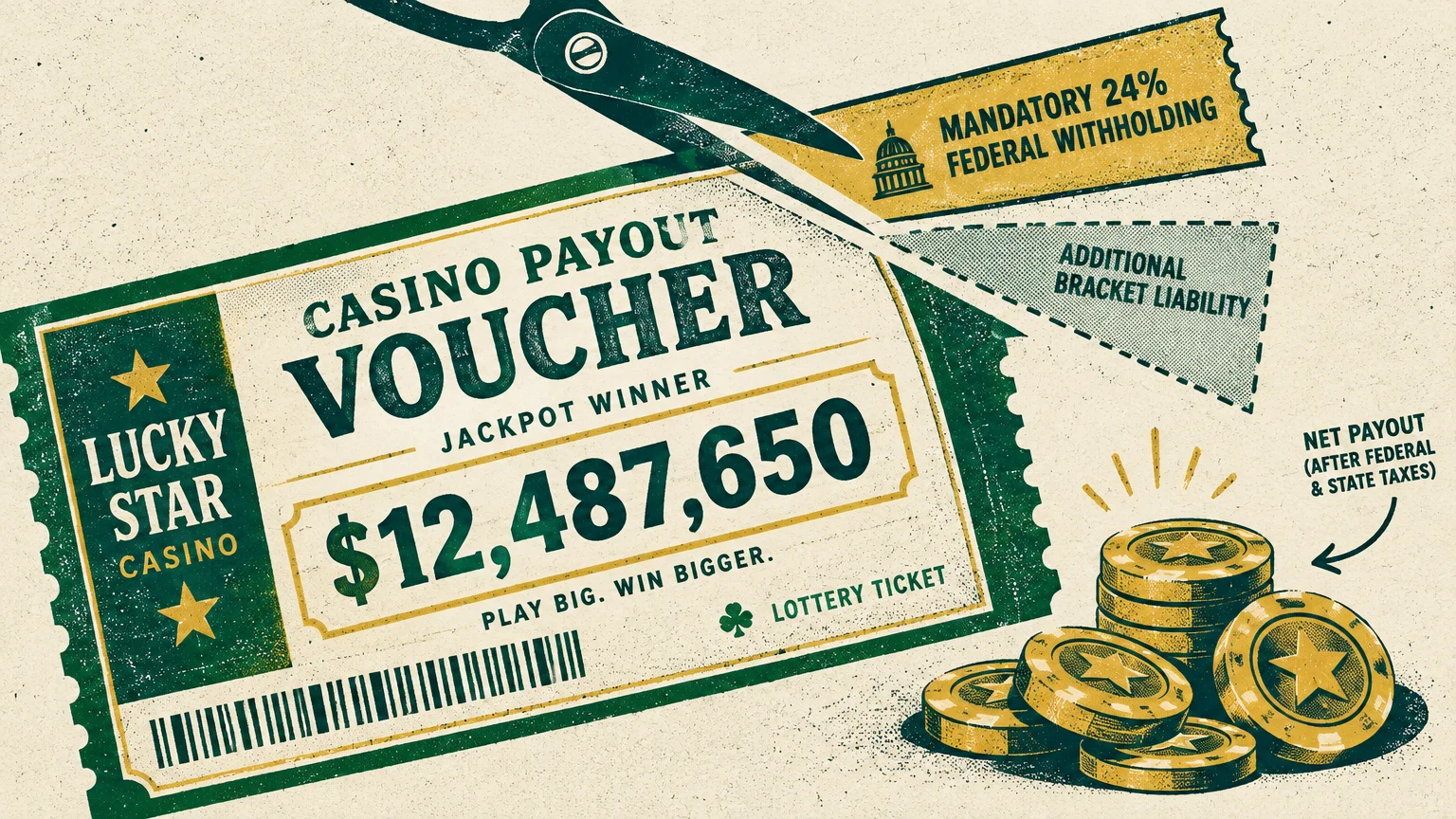 Scissors cut a casino payout voucher into tax withholding slips next to a stack of gold gaming tokens.