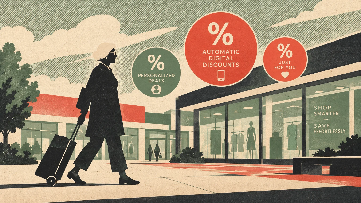 Illustration of a woman pulling luggage outside retail storefronts with large circular discount icons floating above.
