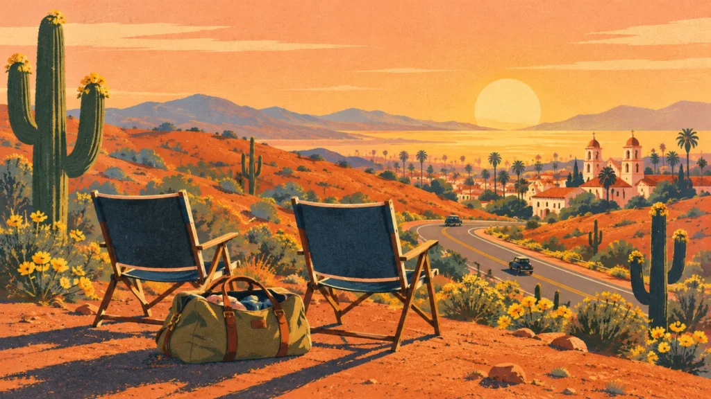 Illustration of two folding chairs and a duffel bag overlooking a desert landscape with saguaro cacti at sunset.
