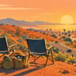 Illustration of two folding chairs and a duffel bag overlooking a desert landscape with saguaro cacti at sunset.