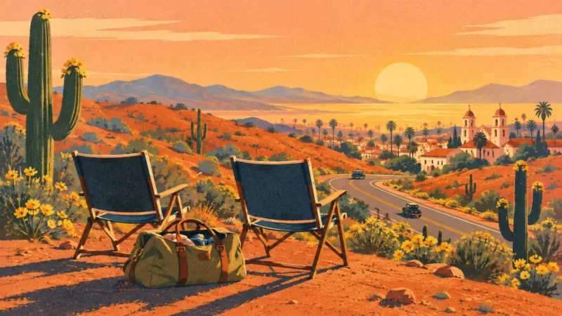 Illustration of two folding chairs and a duffel bag overlooking a desert landscape with saguaro cacti at sunset.