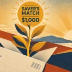 A plant grows out of an open government envelope toward a sun reading Saver's Match $1,000 in a landscape.
