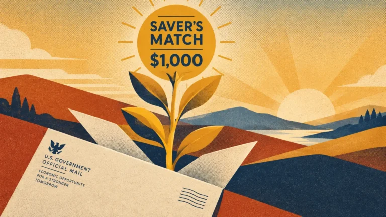 A plant grows out of an open government envelope toward a sun reading Saver's Match $1,000 in a landscape.