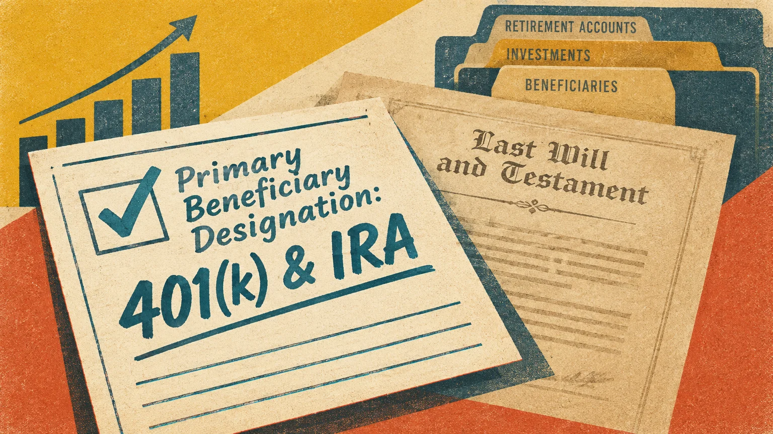 Illustration of a primary beneficiary designation paper for a 401(k) and IRA beside a last will and testament document.