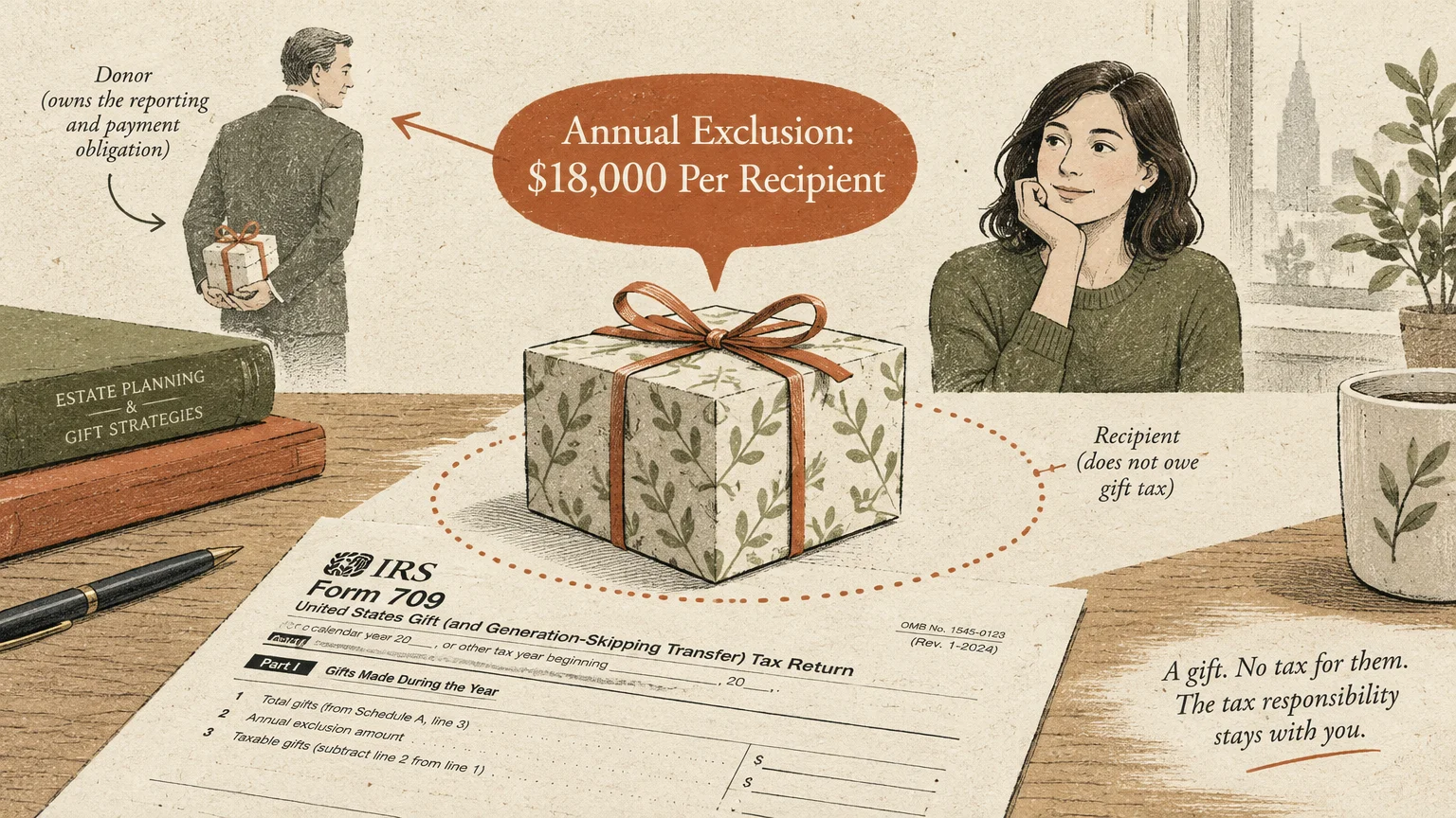 A gift box rests on IRS Form 709 beside an illustrated woman, books, and notes explaining donor gift tax rules.