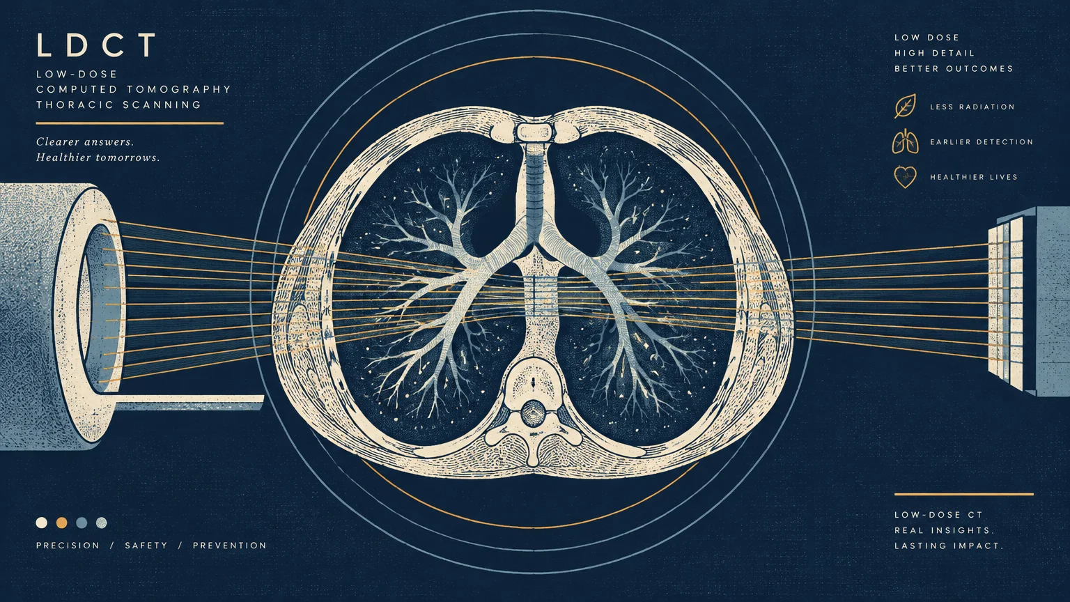 Diagram of a low-dose computed tomography scan passing beams through an anatomical cross-section of human lungs.