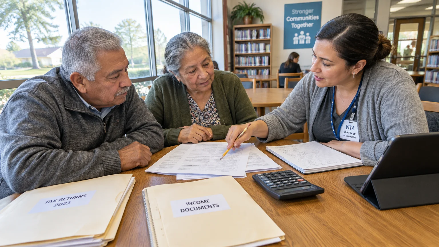 A tax counselor assists an older couple reviewing tax paperwork and income documents at a table.