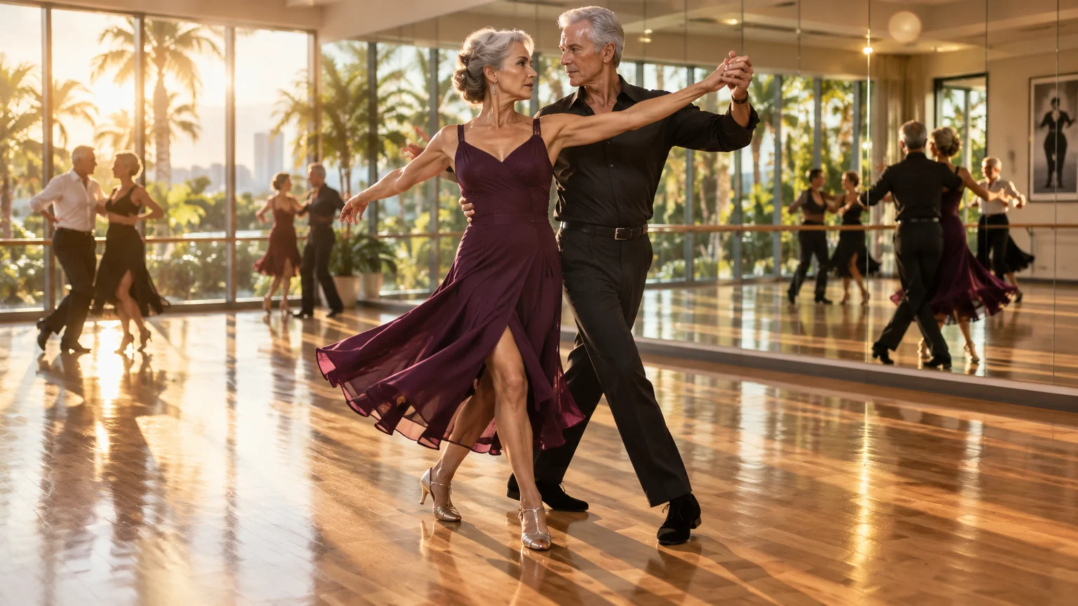 An older couple dances ballroom in a sunlit studio with wood floors, wall mirrors, and large windows overlooking palm trees.