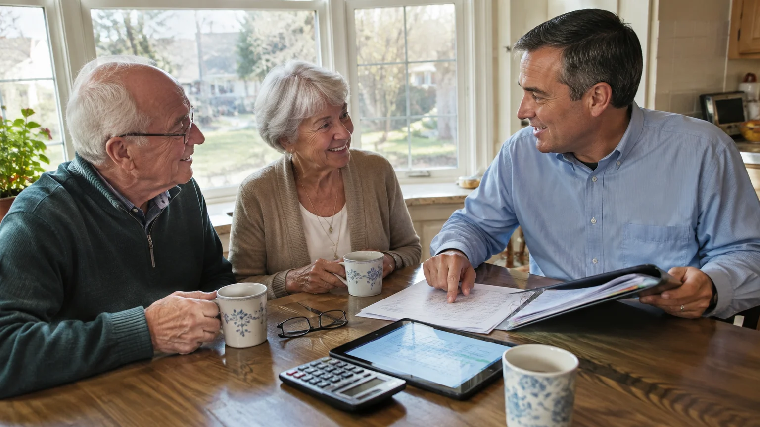 An older couple sits at a wooden table reviewing financial documents and a tablet with an advisor.