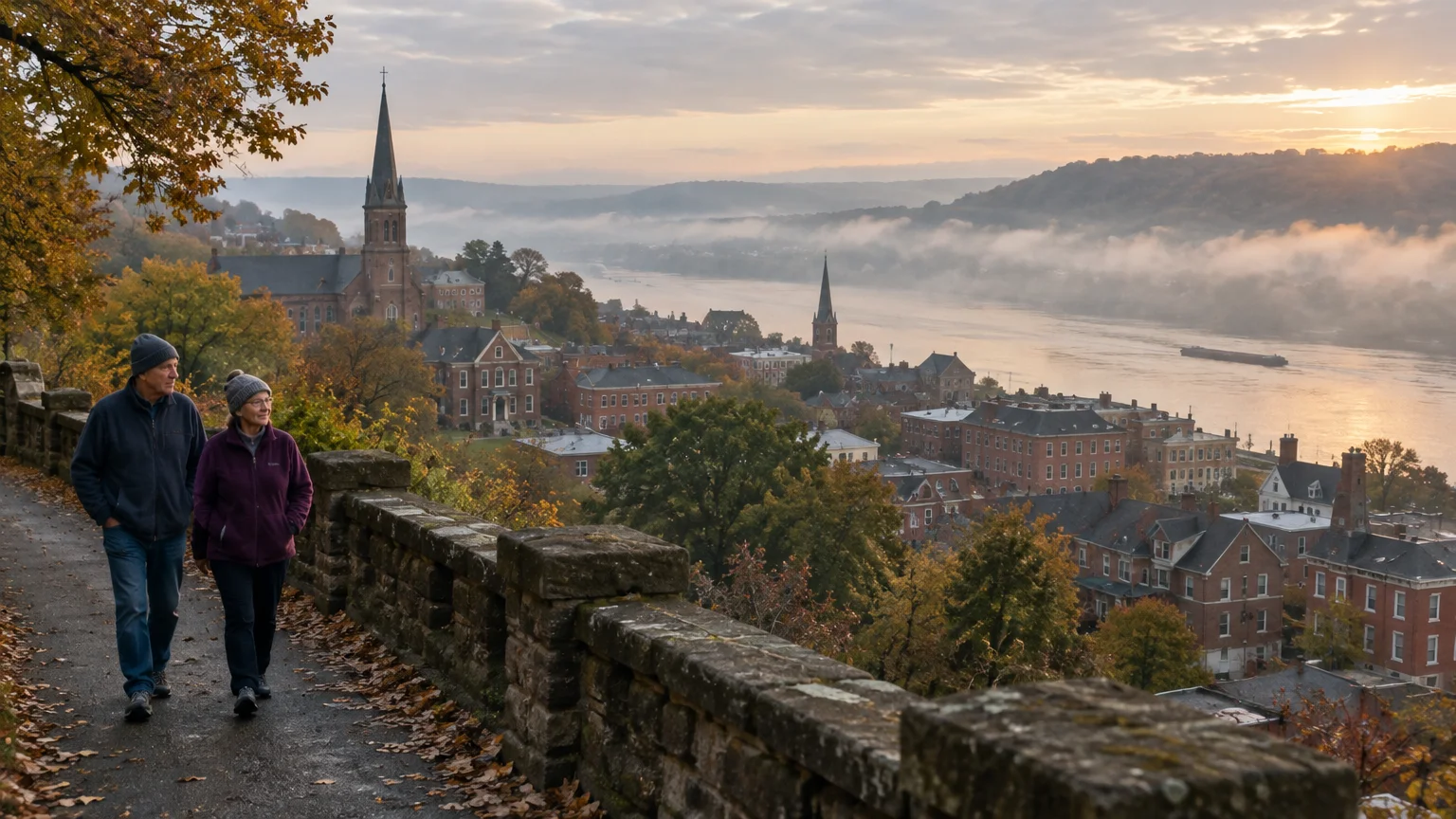 Older couple walking along a stone wall overlooking a misty river valley with church steeples at sunrise.