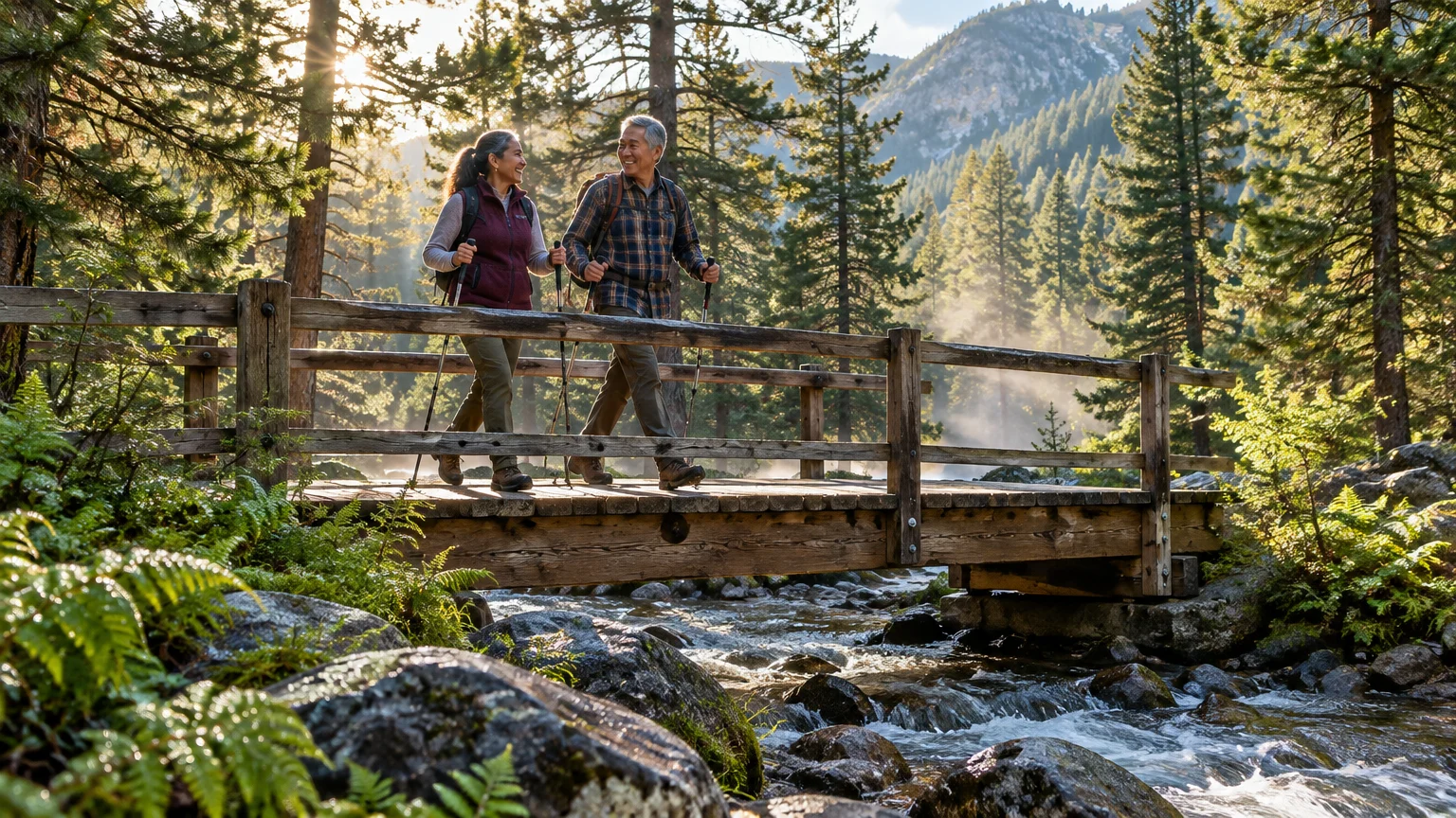 An older couple with trekking poles smiles while crossing a rustic wooden footbridge over a rocky mountain stream.