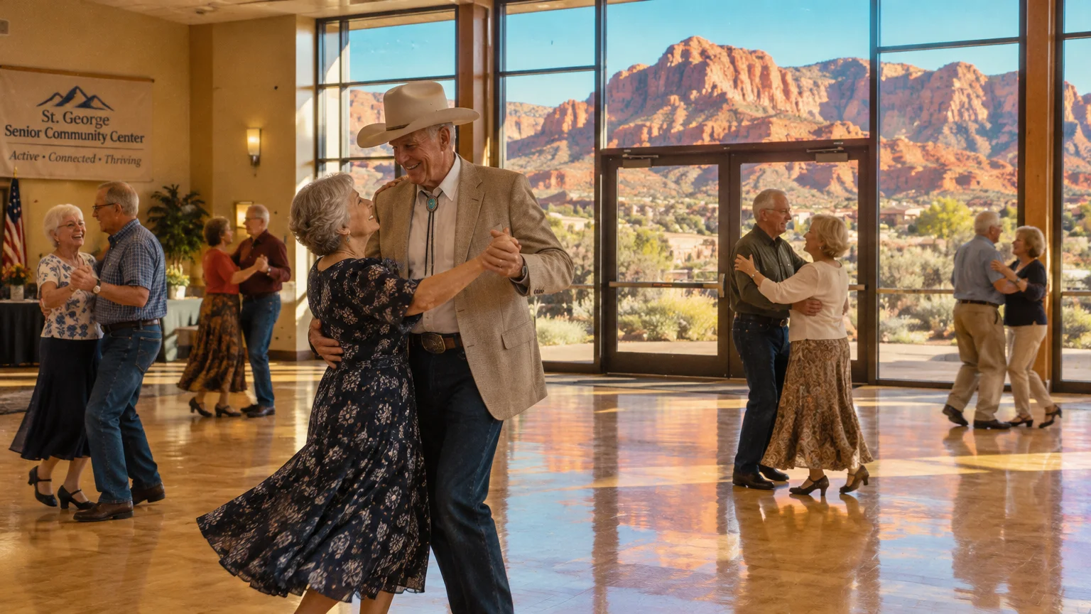 Senior couples partner dance in a bright hall in front of large windows overlooking sunny red rock mountains.