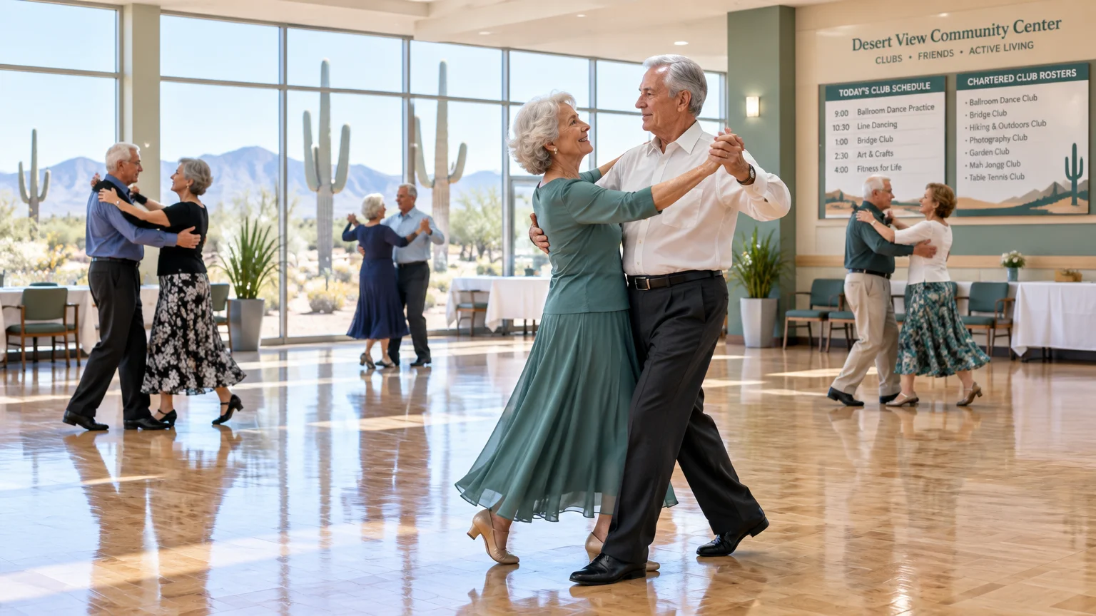 Senior couples ballroom dance in a sunlit community center hall with desert views through large windows.