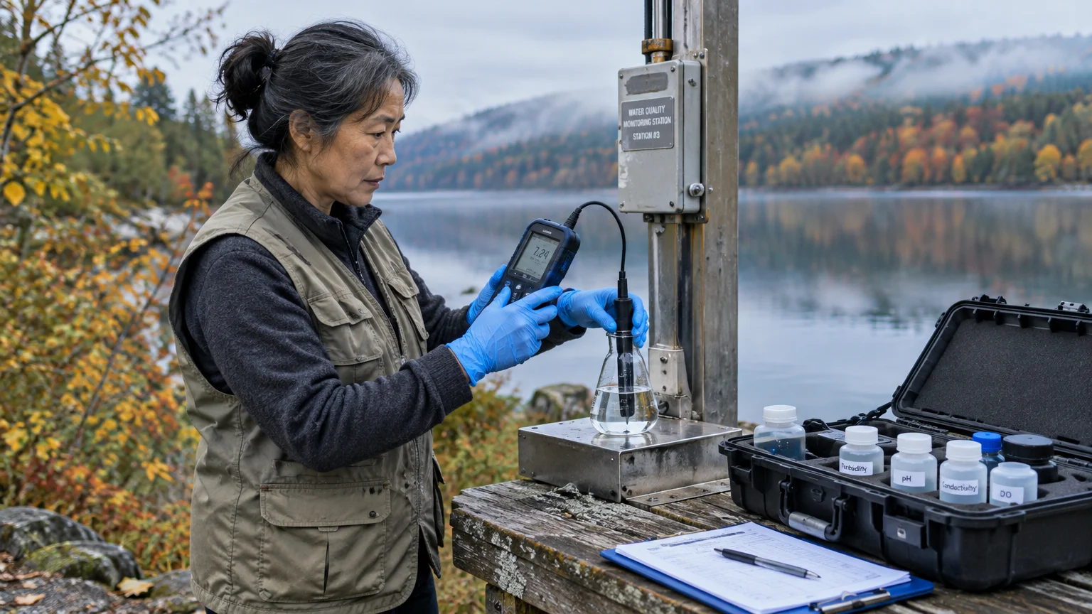 A woman tests lake water with a digital probe beside a field kit of sample bottles at a water monitoring station.