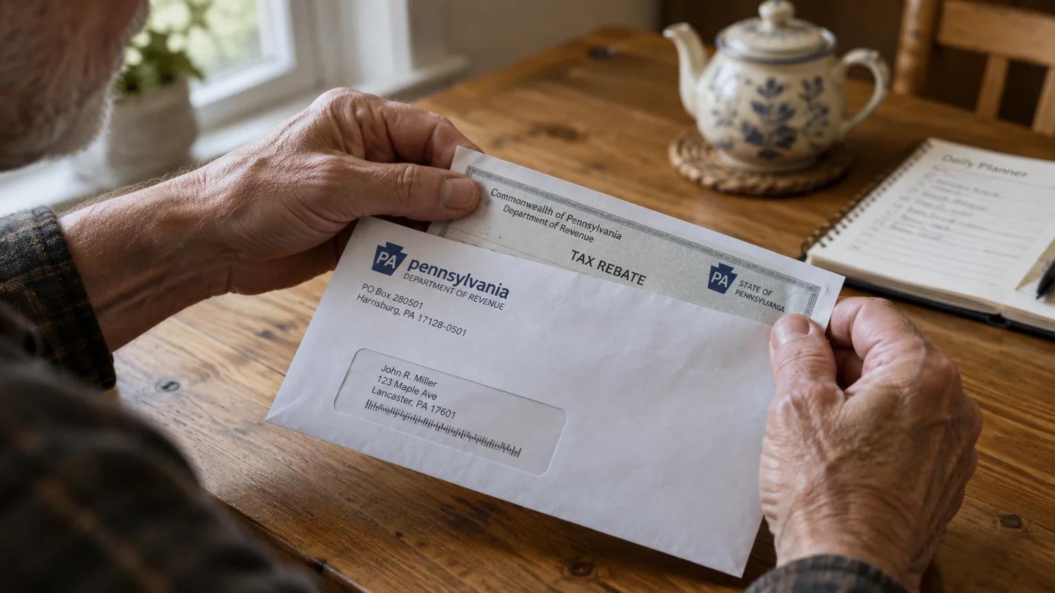 Hands holding a tax rebate check and envelope from the Pennsylvania Department of Revenue at a wooden table.