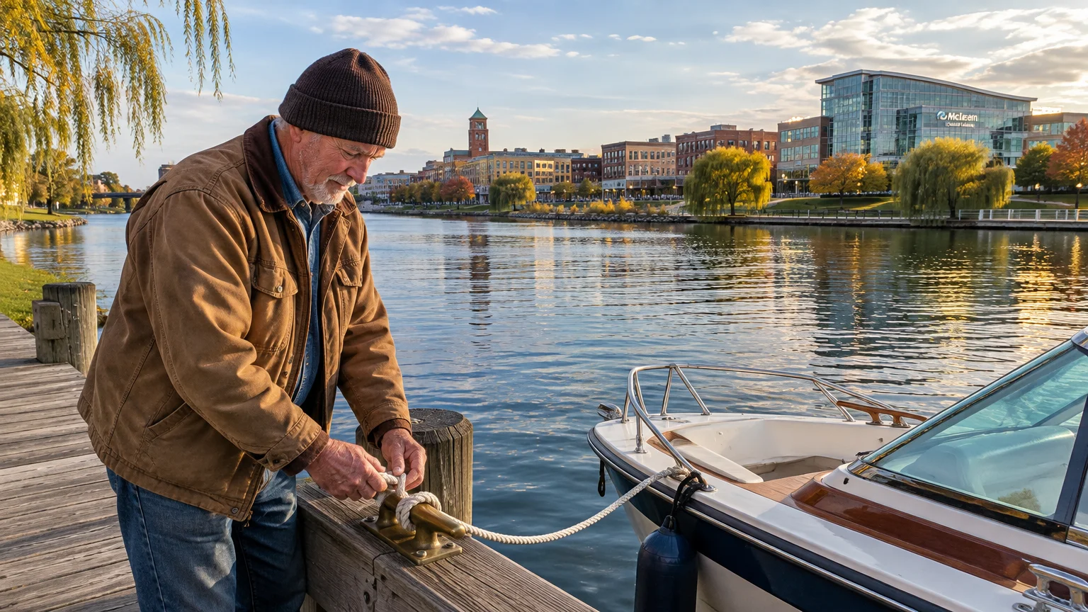 An older man in a jacket and knit beanie ties a small motorboat to a wooden dock cleat on a river.