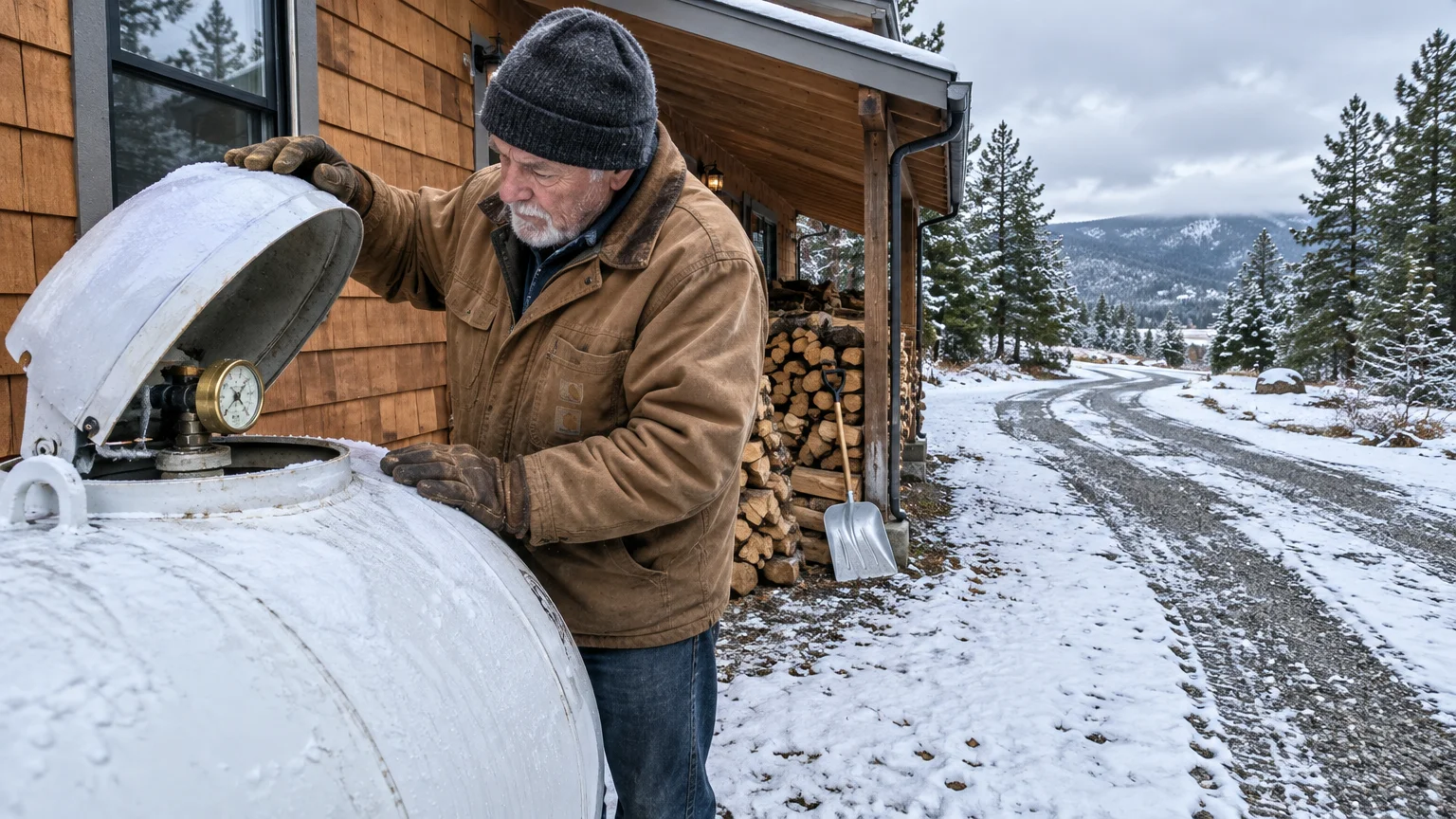 A man in a winter coat opens the gauge cover of a propane tank outside a snowy mountain cabin.