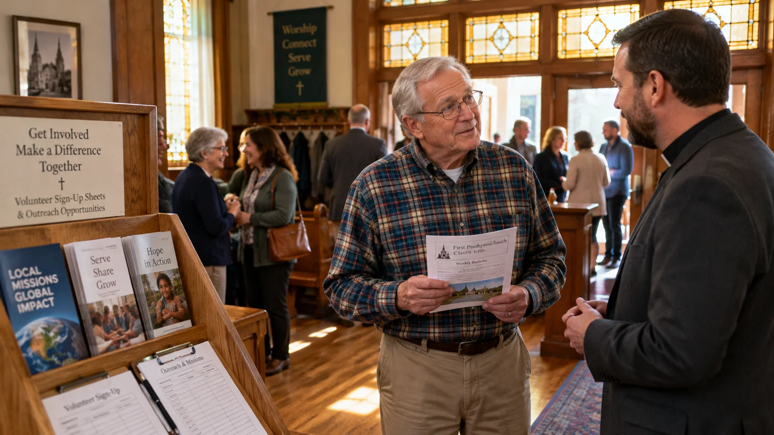 An older man holding a church bulletin speaks with a pastor near an informational display in a church lobby.