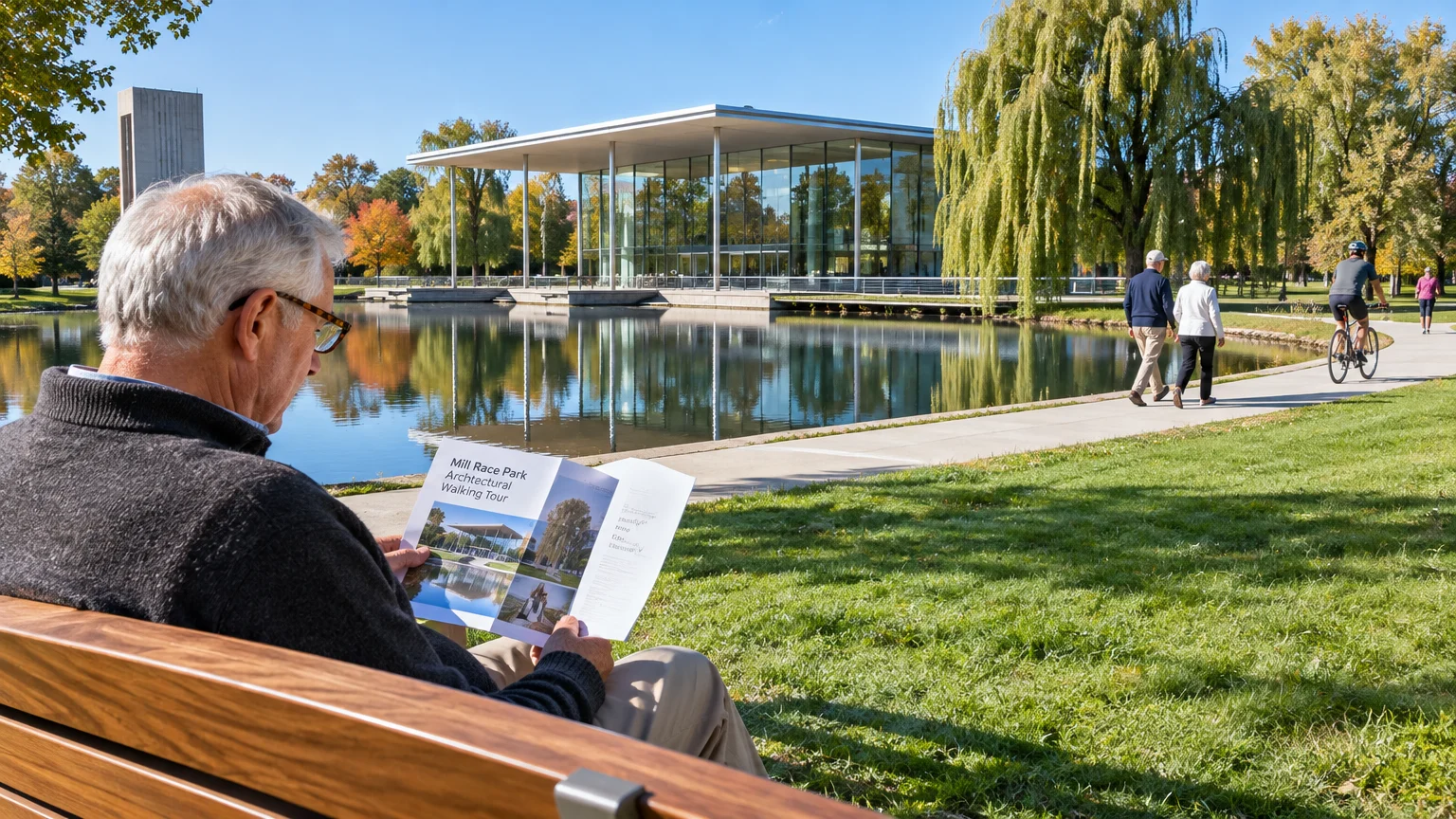 Senior man on a park bench reading a brochure near a pond, modern glass building, weeping willow, and walking path.