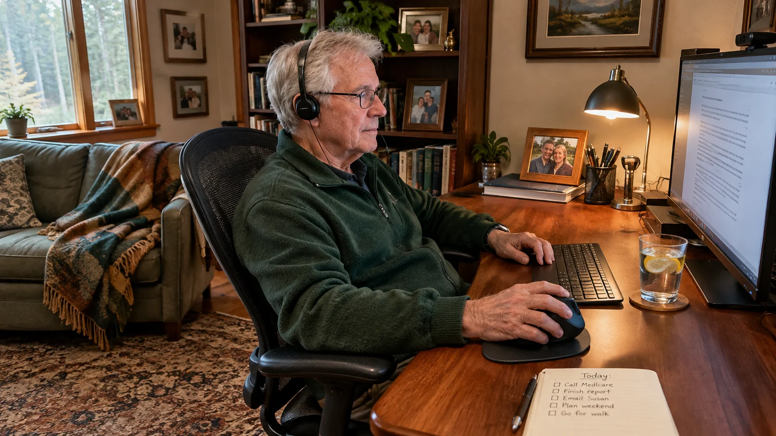 Senior man wearing a headset sitting at a wooden desk working on a desktop computer in a home office.