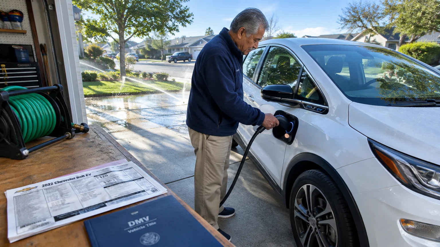 A man plugs a charging cable into a white electric vehicle in a driveway beside an open garage with paperwork.