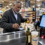 A man scans his smartphone at a grocery store self-checkout register displaying itemized savings on the screen.