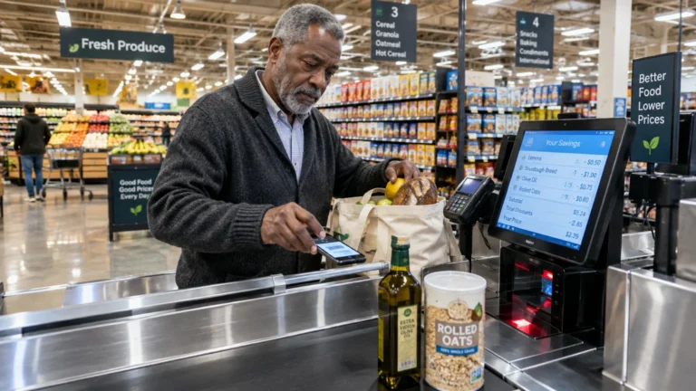 A man scans his smartphone at a grocery store self-checkout register displaying itemized savings on the screen.
