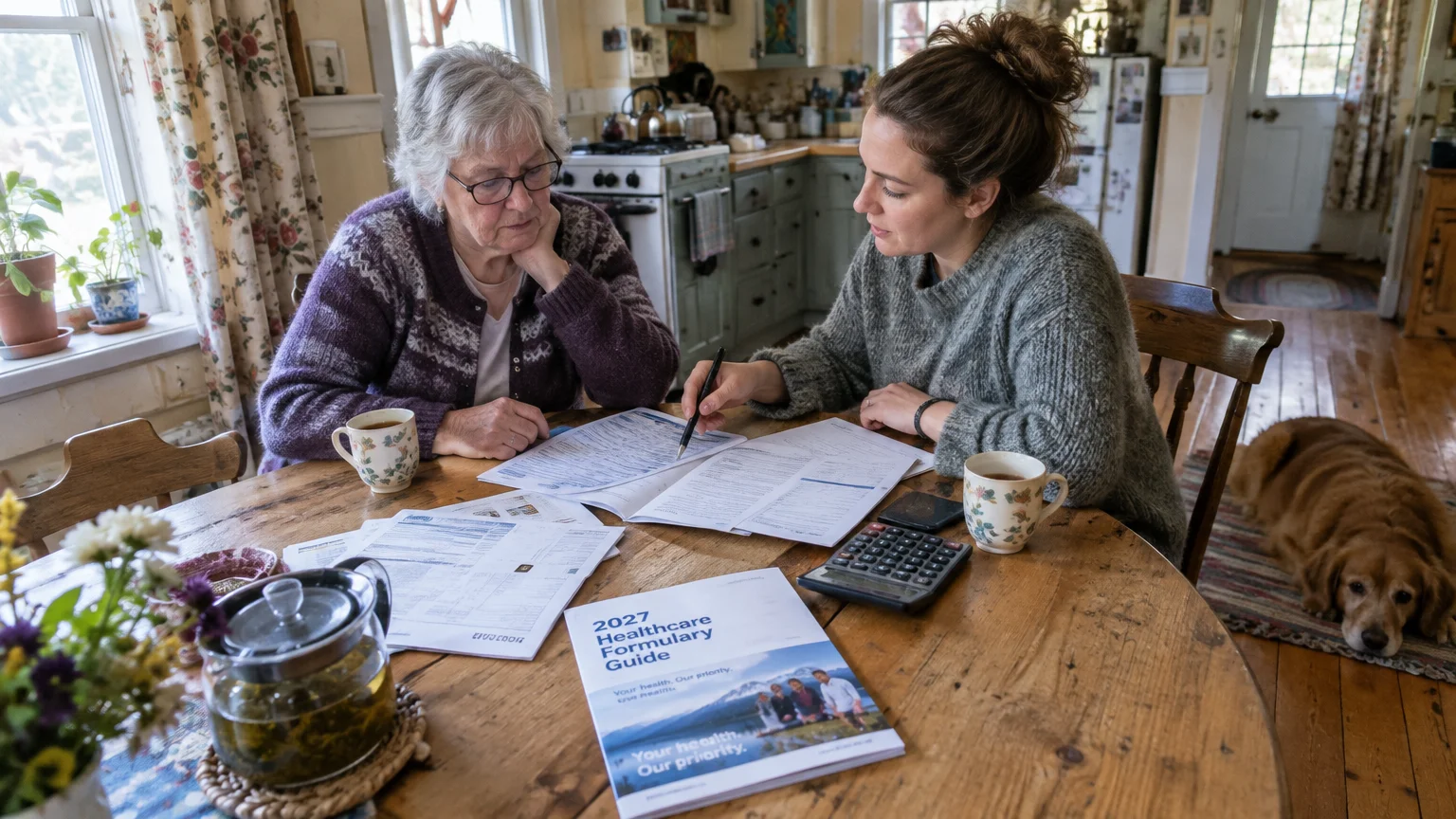 Two women sit at a wooden kitchen table reviewing healthcare paperwork alongside a calculator and teacups.